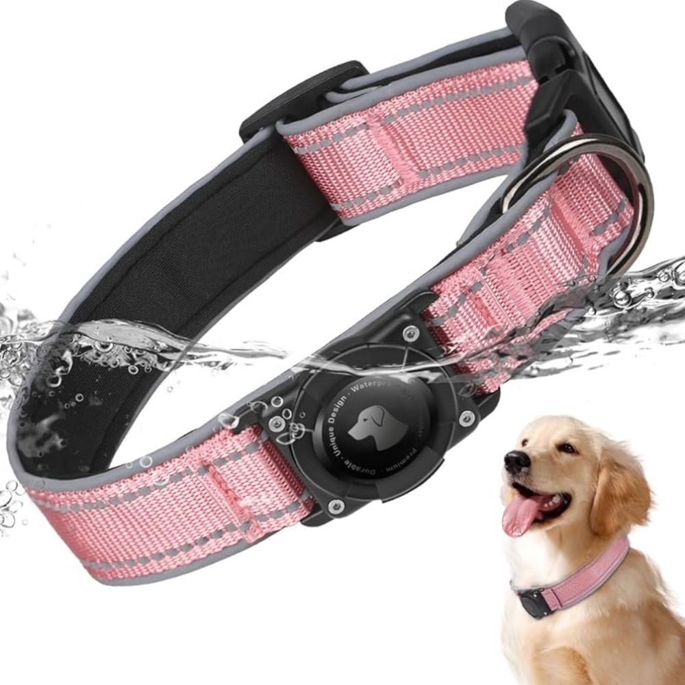 New Pink Waterproof Dog Collar with AirTag Holder – Small Size for GPS Tracking